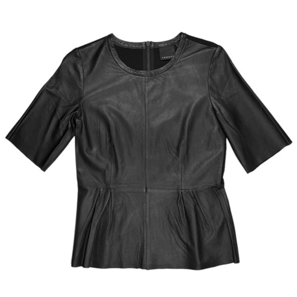 TROUVE ✘ Leather Shell Peplum Top Pleated Half Sleeve Cropped Zip Stretch Black - Picture 2 of 10